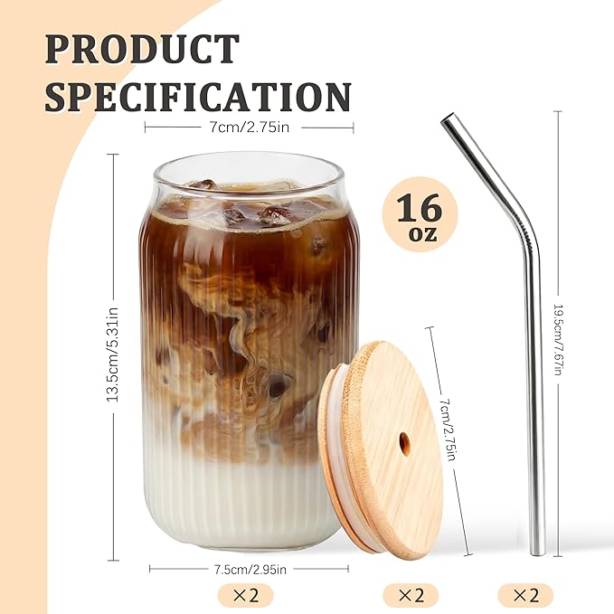 Lyghei 2 Packs Ribbed Glass Tumbler with Lid and Straw 16 oz Vintage Ice Coffee Cup Set Bulk Simple Smoothie Juice Matcha Tea Water Slushie Clear Hot Drink Glasses Travel Mug Modern Kitchen Glassware