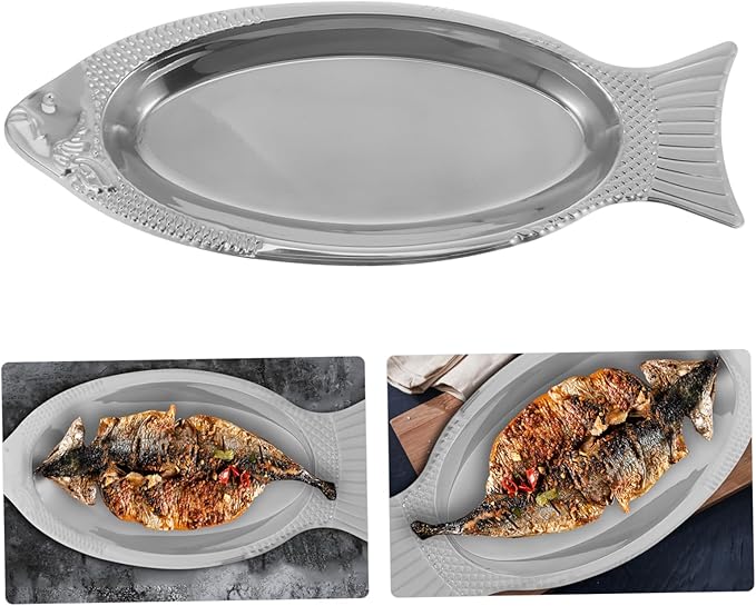 IMIKEYA 1Pc Fish Shaped Dish Stainless Steel Plate Food Tray for Steaming Serving Unique Concave Fishtail Design with Polishing for Kitchen Dining