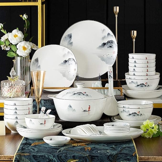 Dishes/Plate/Bowl Set,Dinnerware Sets for 4/6/ 12, Chinese Dinner Set, Black and White Plates and Bowls Set, Dish Set/Tableware Set, Chinese Ancient Ink Painting Design - for Home, Kitc