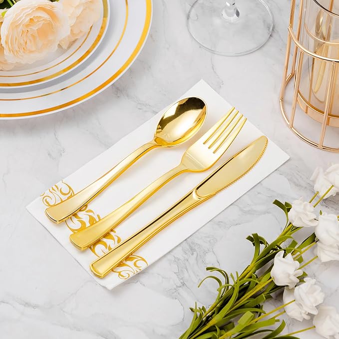 BESTVIP 400 Pack Disposable Paper Napkins,3-Ply Dinner Napkins with Gold Trim for Guests,Bathroom Paper Hand Towels Soft and Absorbent,Perfect for Christmas,Kitchen,Dinner,Party,Wedding or Event