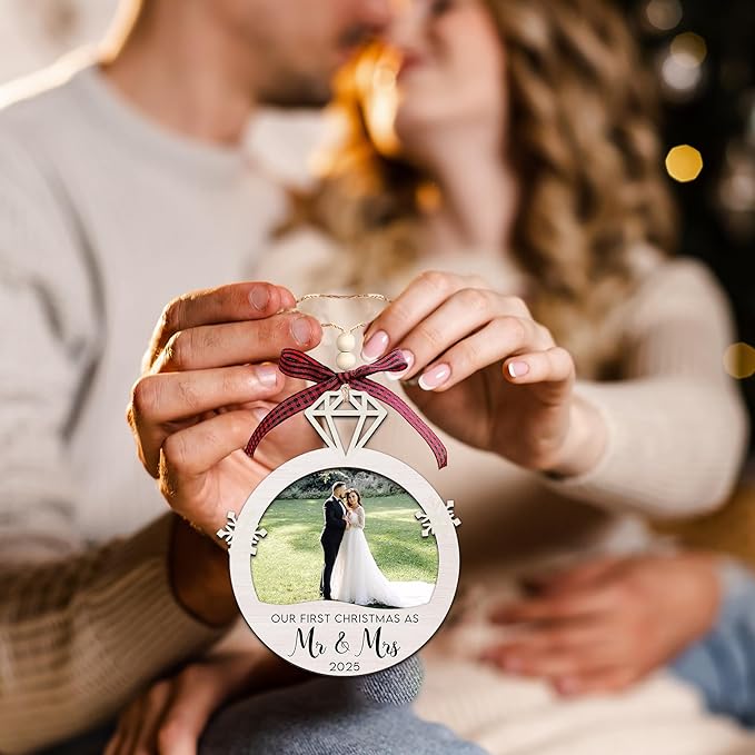 Personalized First Christmas Mr and Mrs Ornament Gifts - Wedding Gifts 2025 - Bridal Shower Bride Gift Ideas for Her, Married Couple, Newlywed - Picture Frame Wood Hanging Ornament 2025
