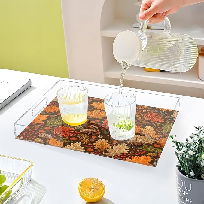 Serving Tray with Handles Clear Acrylic Tray 12x16 Inch Decorative Rectangular Tray Organizer for Ottoman Coffee Table Bathroom Brown Maple Leaves Acorns Berries Branches