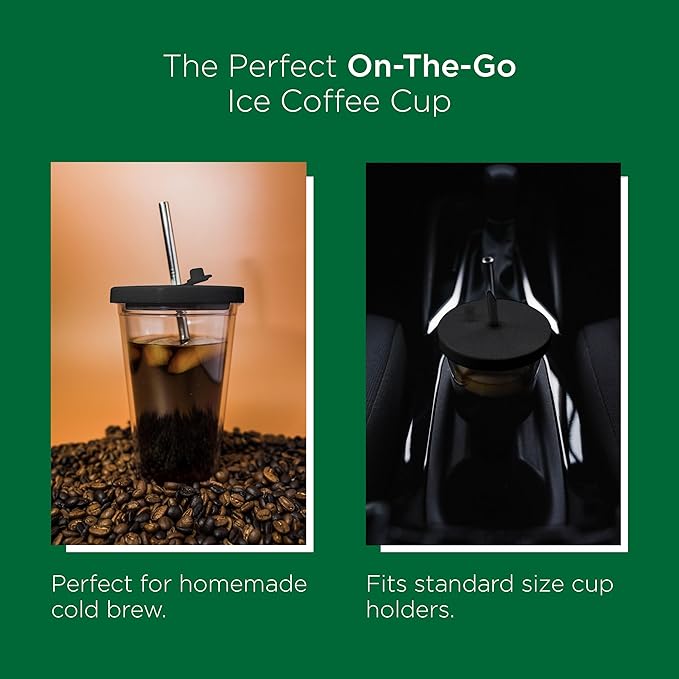 Kensal Home Reusable Iced Coffee Cup (16 Oz/Grande), Leak Proof and Double Wall Insulated Iced Coffee Tumbler, Come with Reusable Plastic and Metal Straws and Straw Cleaner - Black