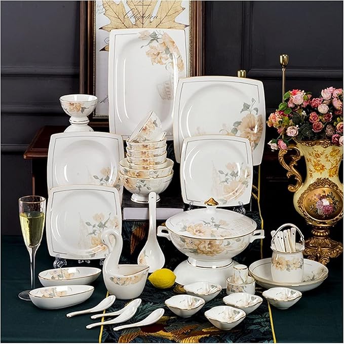 Gold Rim Ceramic Tableware Set Handmade Modern White China Ceramic Floral Tableware Set Suitable for Family Hotel Restaurant 62 Piece