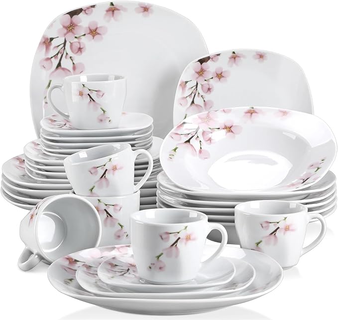 30/60-piece White Ceramic Pink Floral Porcelain Plate Set, Including 5 Dinner Plates, Soup Plates, Dessert Plates, Cups and Saucers, Serving up to 12 People, totaling 30 Pieces.,30-Piece-