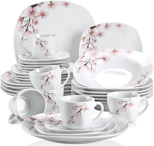 30/60-piece White Ceramic Pink Floral Porcelain Plate Set, Including 5 Dinner Plates, Soup Plates, Dessert Plates, Cups and Saucers, Serving up to 12 People, totaling 30 Pieces.,30-Piece-