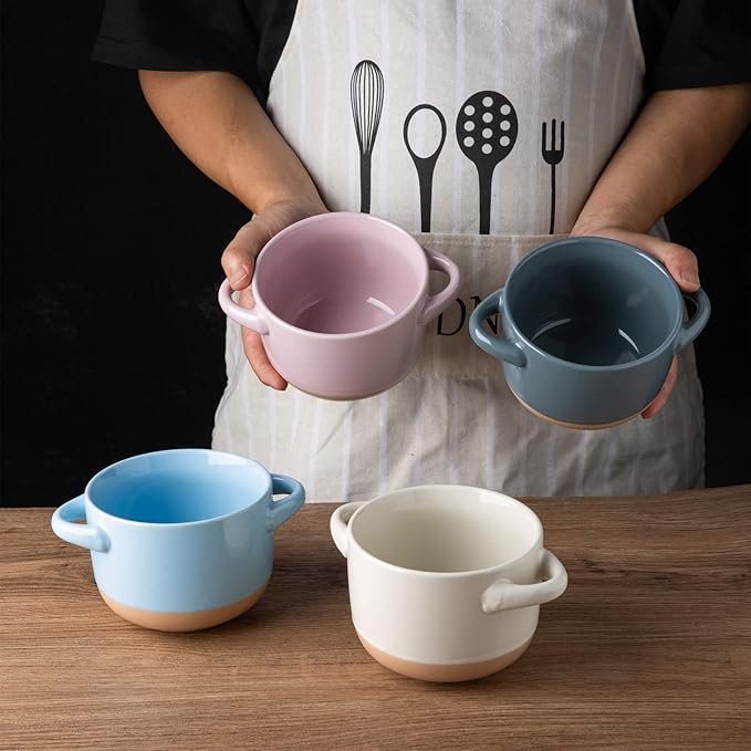 AmorArc 24 Ounces Soup Bowls with Large Handles and Lids, Stoneware Bowls Set of 2 for Soup, Cereal, Stew, Noodle, Colourful Ceramic Kitchen Bowls, Microwave&Dishwasher Safe, Blue&Pink