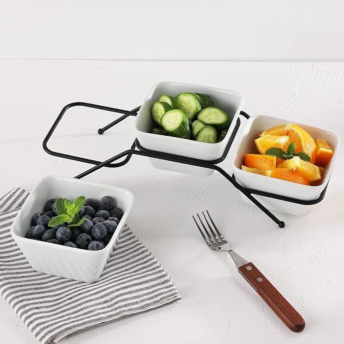 3 pcs square bowl Porcelain Chip & Dip Serving Set with Black Metal Stand, 4.5inch White Small Serving Bowls for Side Dishes, Salsa, Appetizer, Serving Dishes for Entertaining 11.5 OZ