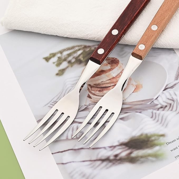 8-Piece Dinner Forks Set, 304 Stainless Steel Forks with Natural Wood Handle, Reddishbrown Wood Handle Flatware, 7.9 Inches Salad Forks