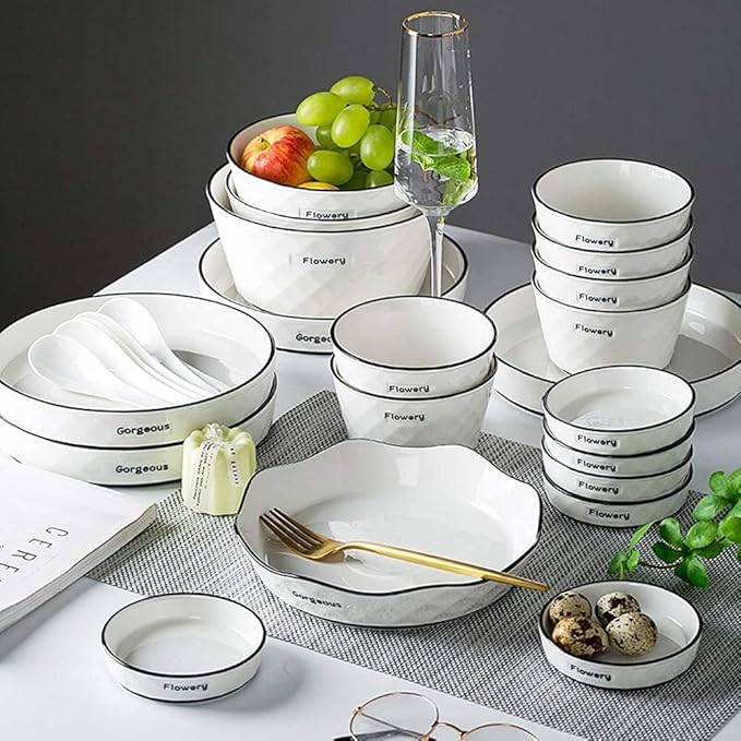 60 Pieces White Dinnerware Set Dishes - Dinner Plates and Bowls Sets Service for 12, Luxury Ceramic Dishes Set, Nordic Style Black Line Diamond Pattern, for Family Friend (White 28 Pcs)
