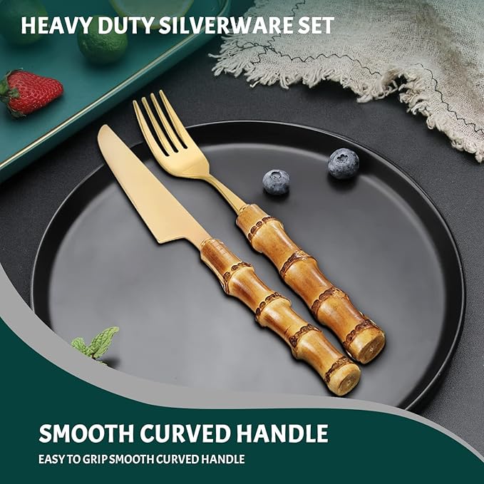 bamboo handle flatware sets for 8, 40 Piece Natural bamboo handle cutlery sets, silverware sets, dinnerware tableware set, Mirror Finished (40-Piece for 8)
