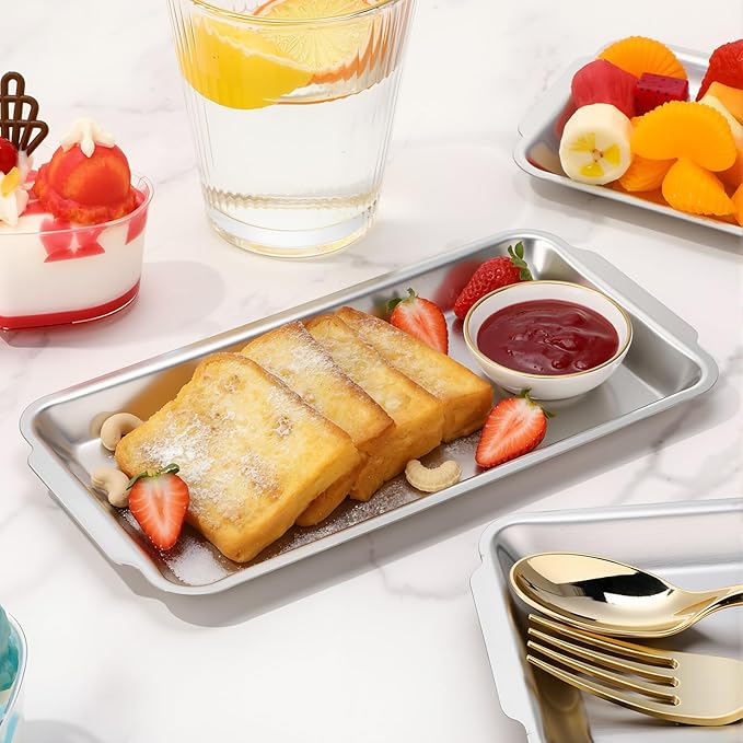 Silver 12 Pcs Small Stainless Steel Serving Tray Bulk 8.66'' x 4.33'' Rectangle Stainless Steel Food Serving Platter with Handle Vanity Tray Decorative Party Plate for BBQ Buffet Appetizer