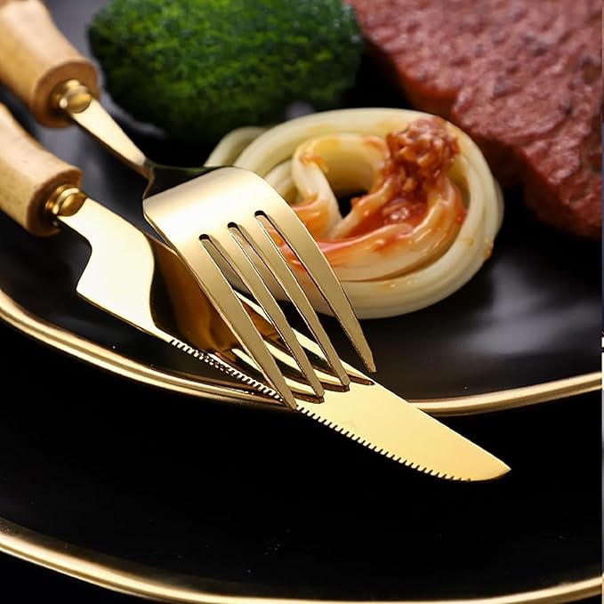 30-piece bamboo flatware cutlery set for 6, gold bamboo handle silverware set, 18/8 stainless steel cutlery set reusable with forks and spoons, dishwasher safe