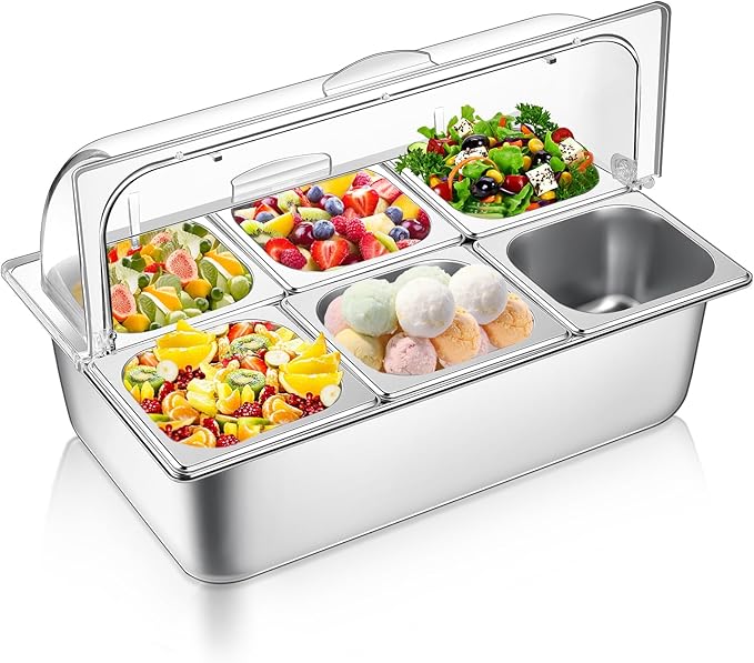 Countertop Food Serving Display Container Clear Roll Top Cover 6 Pan Stainless Steel Ice Food Buffet Server Salad Bar Pizza Topping Station Condiment Dispenser Restaurant Kitchen Party(Silver)