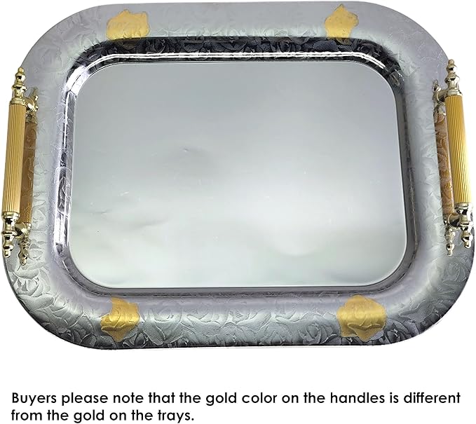 18 inch x 14.1 inch Oblong Chrome Plated Serving Tray with Handles Iron Gold Floral Engraved Decorative Party Wedding Dessert Buffet Wine Decor Platter Plate Base NC-126