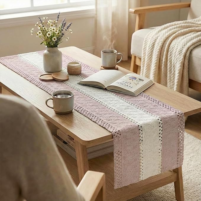 Artoid Mode Pink Farmhouse Rustic Table Runner, Seasonal Hollow Kitchen Dining Table Decoration for Home Party Decor 12x60 Inch