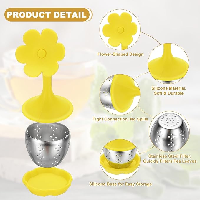 uxcell 2 Pcs Flower Tea Infuser, Stainless Steel Loose Leaf Tea Steeper Filter with Silicone Handle Reusable Coarse Pores Mesh Strainer Diffuser for Teacups Teapots Mugs, Yellow