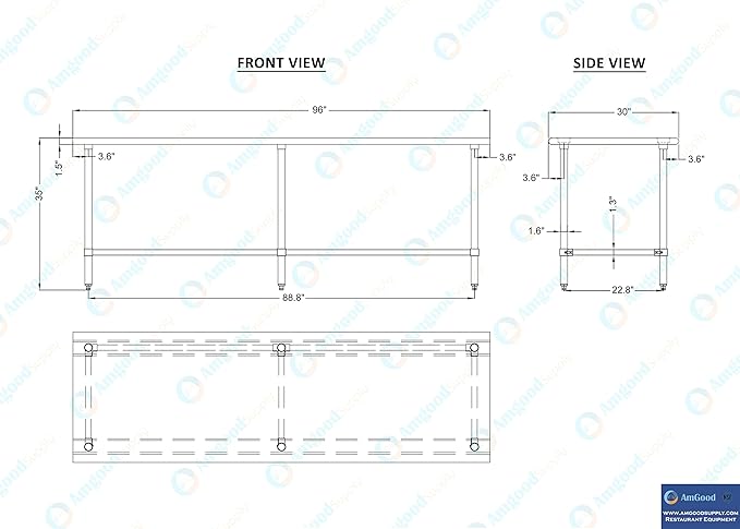 AmGood Stainless Steel Work Table Open Base | NSF Kitchen Island Food Prep | Laundry Garage Utility Bench (96" Long X 30" Deep)