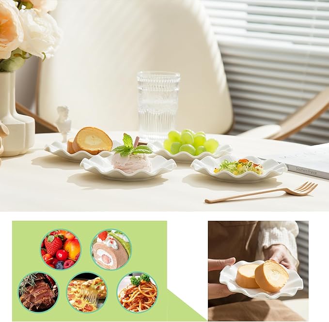 TAMAYKIM 18 Pieces 6 Inch Porcelain Dessert Plates, Small Appetizer Plates, Wavy Rim Dinnerware Sets, Microwave, Oven, and Dishwasher Safe, White