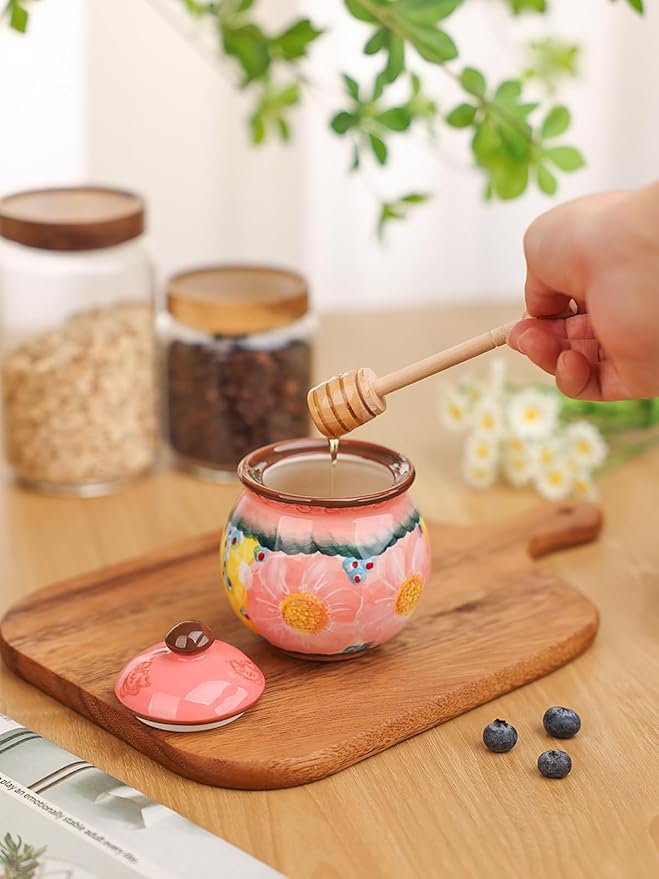 silesia Handmade Ceramic Honey Jar with Lid, 8 oz Floral Design Honey Pot with Dipper, Hand-Painted Honey Containers for Honey, Jam, or Syrup, Dishwasher Safe (Glazed Pink)