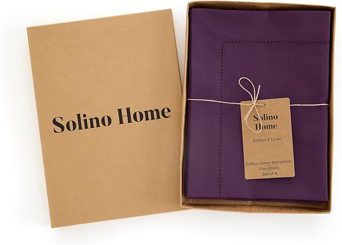 Solino Home Purple Placemats Set of 4 - Cotton Linen Hemstitch Placemats 14 x 19 Inch for Valentines