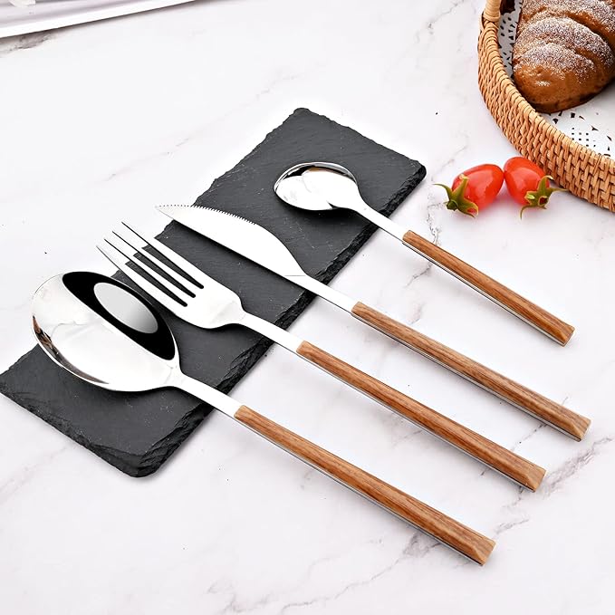 24Pcs Wooden Handle Flatware Silverware Set, Stainless Steel Cutlery Set for 6, Square Handle Eating Utensils, Mirror Polished for Home Kitchen Bar Restaurant