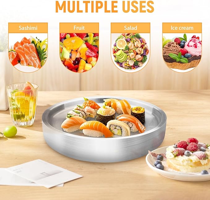 9.4" Stainless Steel Chilled Serving Trays for Parties Containers, Round Silver Ice Tray for Food Buffet Bowls Box Platter Server Cold Ice Vegetable Fruits Snacks Shrimp Cocktail Fridge (Silver)