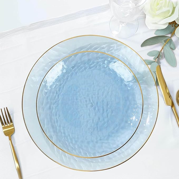 Efavormart 10 Pack | Transparent Dusty Blue Hammered 7" Round Plastic Dessert Appetizer Plates With Gold Rim, Disposable Salad Party Plate