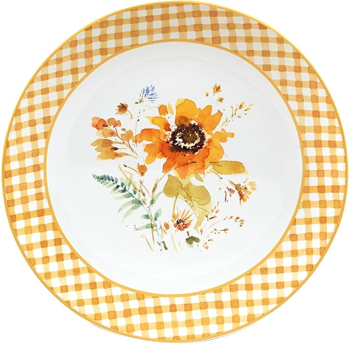 Unknown1 11" Dinnerware Plates Set of 4 X Multi Color White Yellow Floral Casual Farmhouse Round Ceramic Piece