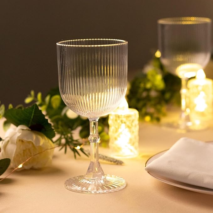 TCF Linen 12 Pack Clear Plastic Wine Goblets, 9oz Ribbed Reusable Shatterproof Drinkware for Weddings Parties Catering Cocktails and Desserts Cups