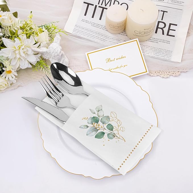 Disposable Linen-Feel Dinner Napkins with Built-in Flatware Pocket, 50 Pack Prefolded Paper Napkins for Silverware Elegant Guest Hand Towels for Wedding Birthday Valentine Party