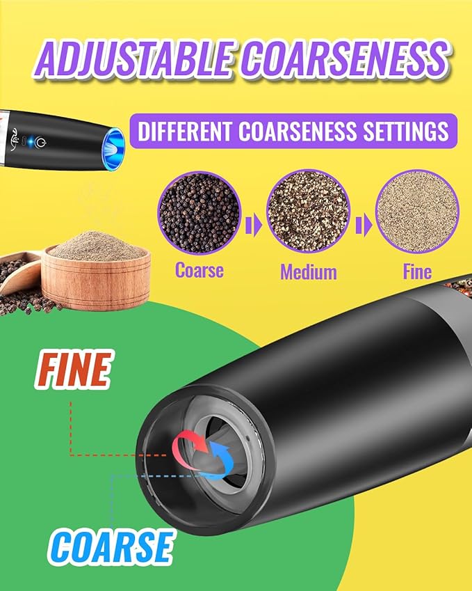 XinXu Upgraded Rechargeable Gravity Electric Pepper and Salt Grinder Set with LED lights,Stainless Steel Automatic Pepper or Salt Grinder Mill Shaker Refillable with Adjustable Coarseness,(Black)