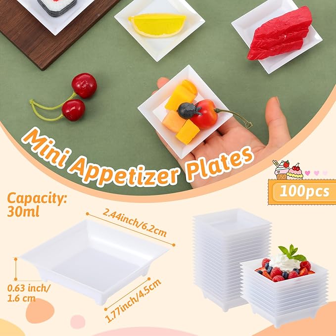 100 Pcs Mini Appetizer Plates Bulk 1 oz 2.4 Inch Square Plastic Dessert Plates Disposable Appetizer Tray for Wedding Shower Valentine's Salad Cake Afternoon Tea Birthday Party (White)