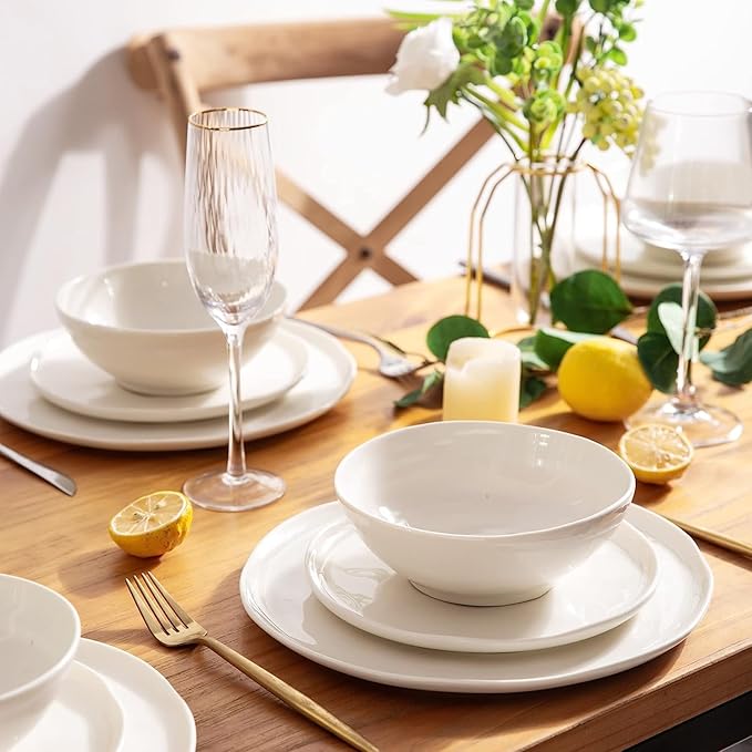 LERATIO Ceramic Plates,8.0 inch Salad Plates Set of 6,Handmade Porcelain Plates for kitchen with Wavy Edge,Microwave & Dishwasher & Oven Safe,Light weight & Scratch Resistant Dishes-White