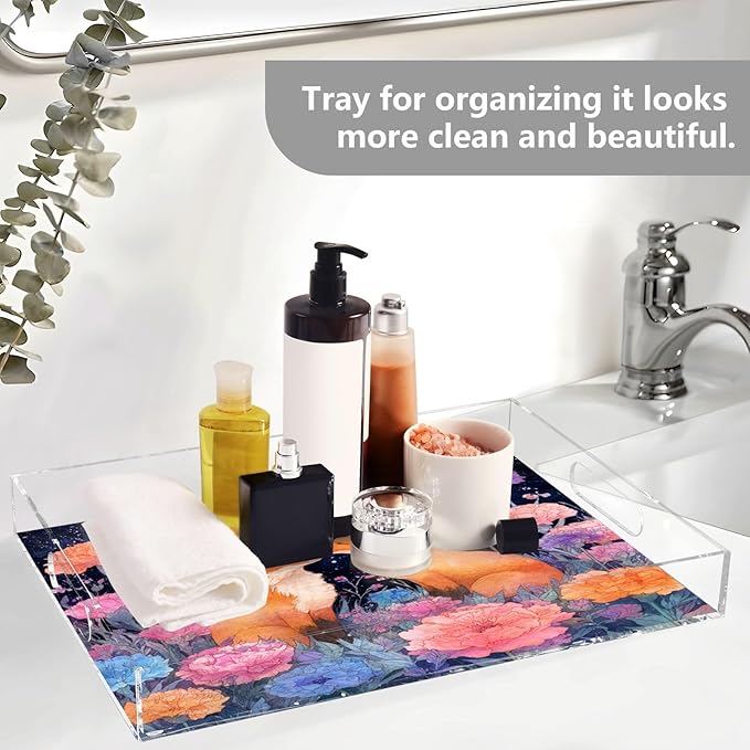 Serving Tray with Handles Clear Acrylic Tray 12x16 Inch Decorative Rectangular Tray Organizer for Ottoman Coffee Table Bathroom Foxes Carnations Colorful