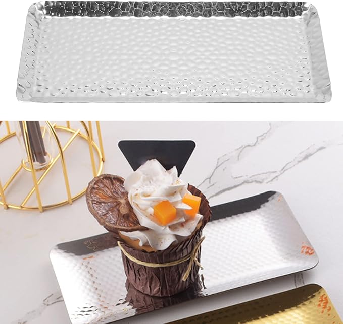 Stainless Steel Hammered Rectangular Tray, Silver Serving Tray and Platters Storage Appetizer Tray for Home Restaurant(Silver)