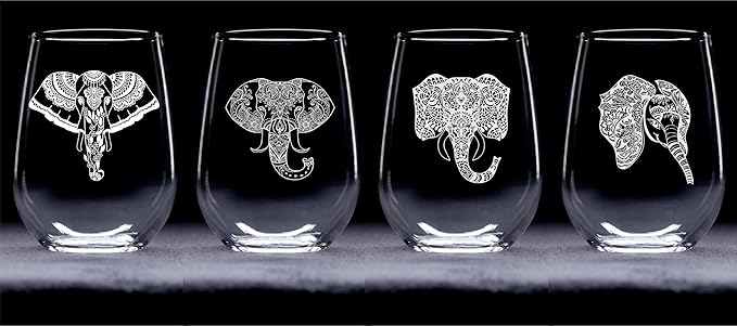 C M Elephant Stemless Wine Glass Set of 4 Pieces - Elephant Themed Gift for Women and Men