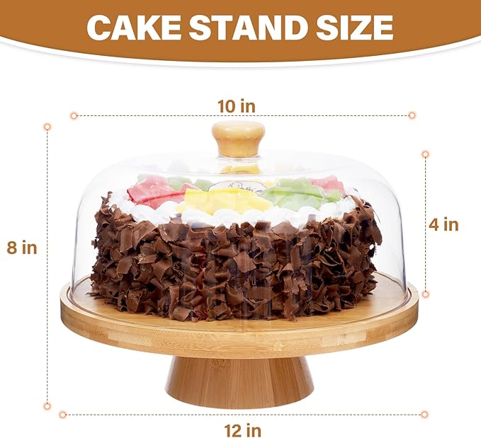 Bamboo Cake Stand with Lid, 6-in-1 Multifunctional Cake Plate, Cake Holder, Serving Tray, Fruit Platter, Salad Bowl, Dessert Table Display & Acrylic Cake Dome Cover