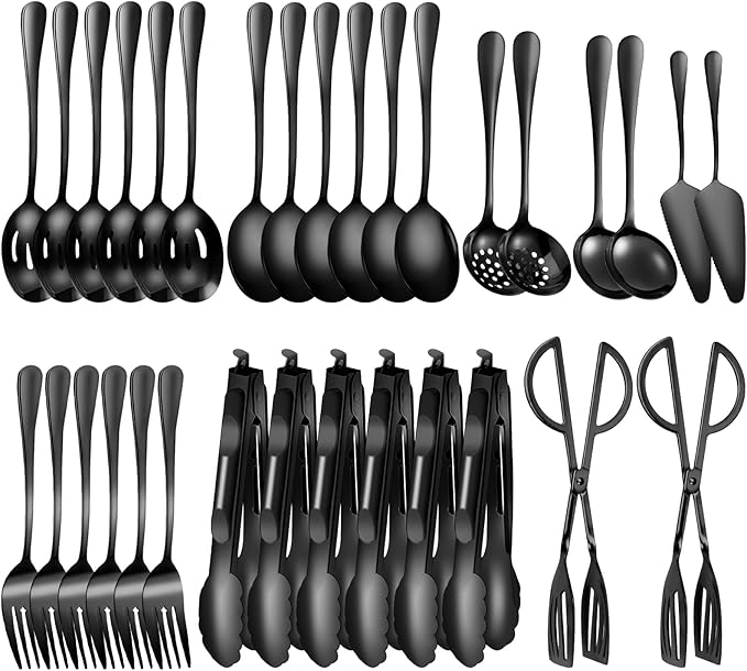 32Pcs Serving Utensils Set Serving Spoons, Buffet Tongs, Cake Spatula, Forks, Perforated Ladles, Soup Scoops, Skimmers and Black Heavy-Duty Serving Tongs (BLACK1)