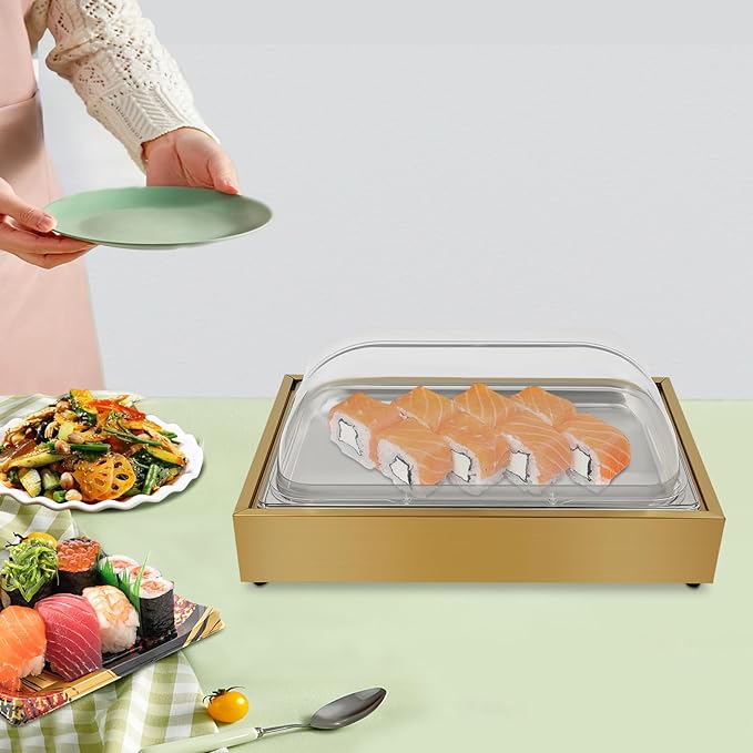 Ice Food Serving Tray, Stainless Steel Food Serving Container with Clear Roll Top Cover, Cold Buffet Platter Cooler Chiller, Food Display Plate for Seafood Fruit Desserts Party Catering