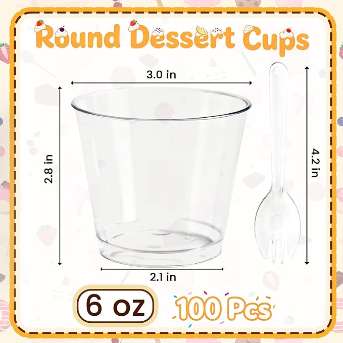 FORBFAN 200 Pcs Plastic Dessert Cups with Spoons, 100 Pcs 6 oz Round Parfait Cups, Appetizer Cups for Desserts, Ice Cream, Puddings, Tasting Party