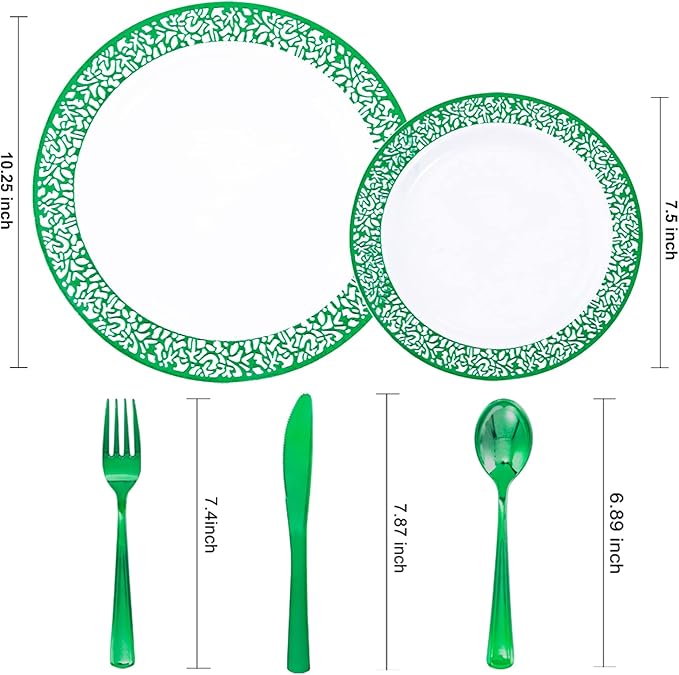 U-QE 150PCS Green Christmas Plastic Plates with Plastic Silverware, Green Christmas Disposable Plates for 30 Guests Include 30 Dinner Plates, 30 Salad Plates,30 Guests Silverware Perfect for Party