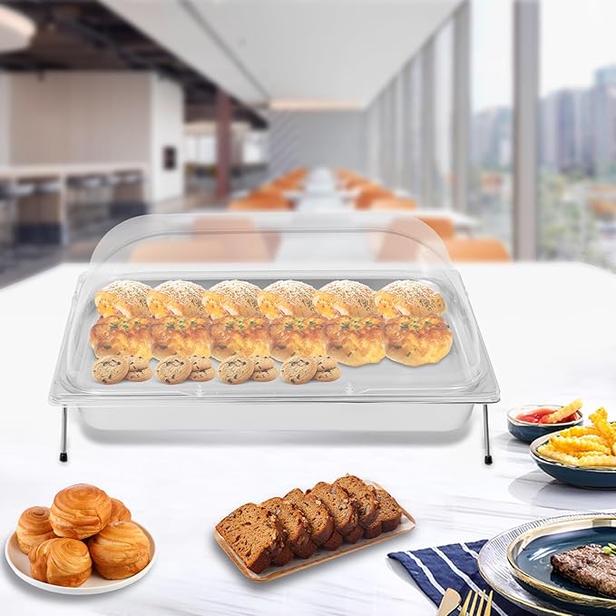 Silver Countertop Food Serving Display Container, 0.79Gal Stainless Steel Catering Supplies Buffet Display, Salad Fruit Trays Restaurant Containers with Lids (1Pan-with 4 Non-slip Feet)