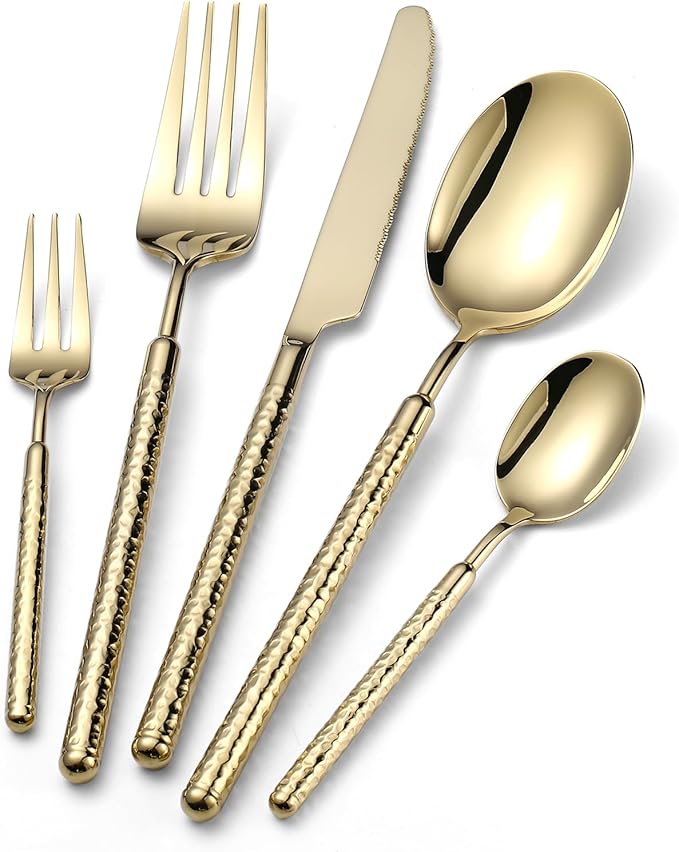 20-Piece Silverware Set, Stainless Steel Flatware Set for 4, Modern Hammered Utensil Tableware Set Include Dinner Knife/Fork/Spoon, Mirror Finish, Dishwasher Safe (20, champagne gold)