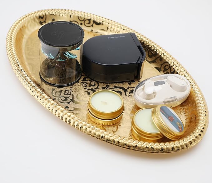 Fermus Set of 2 Oval Metal Tray 11 inches Long Jewelry Dish Cosmetics Organizer Decorative Serving Platter Small Storage Tray Centerpiece for Coffee Table Living Room Kitchen Counter, (2 Pack)