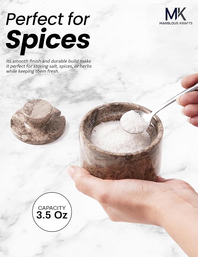 MARBLOUS KRAFTS Marble Salt Cellar Oceanic 3' Flaky Salt Dish for Countertop Ideal Spice Box, Valentine Candy Bowl, Brown Sugar Jar with Lid and Spoon, Kitchen Storage