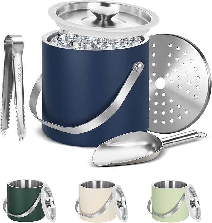 Ice Bucket, Ice Bucket with Silicone Sealing Ring Double-Wall Vacuum Insulation Champagne Buckets with Filter Layer Ice Tongs Ice Scoop (Navy Blue, 3 L)