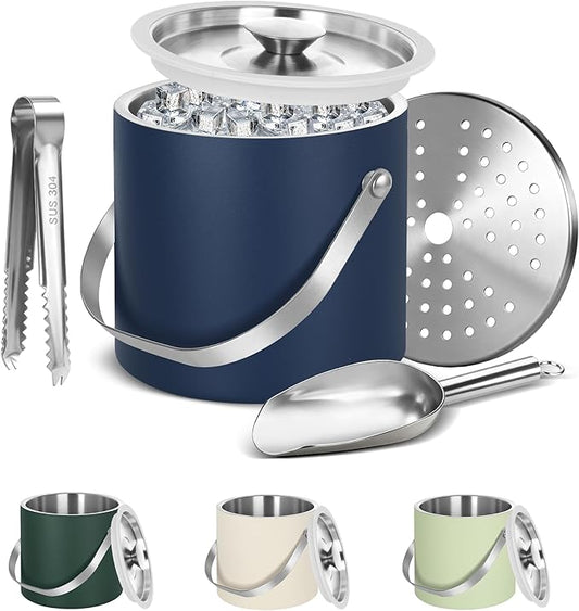 Ice Bucket, Ice Bucket with Silicone Sealing Ring Double-Wall Vacuum Insulation Champagne Buckets with Filter Layer Ice Tongs Ice Scoop (Navy Blue, 3 L)