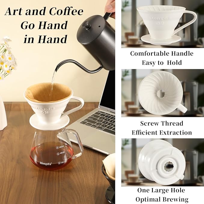 Mongdio Ceramic Pour Over Coffee Dripper, Reusable Porcelain Portable Pour Over Coffee Maker, Slow Brewing Accessories with 1 Holes for Home - Size 02 White