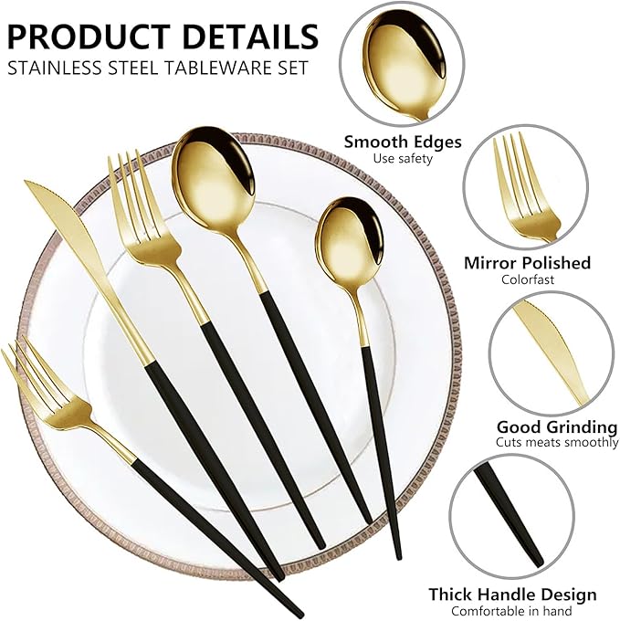 Kawlity Stainless Steel Serving Flatware Durable Black & Gold Polished Knives Spoon Forks 30 Pcs Utensil Dinner Tableware, for Kitchen Dishwasher Adults and Children Ideal Gift